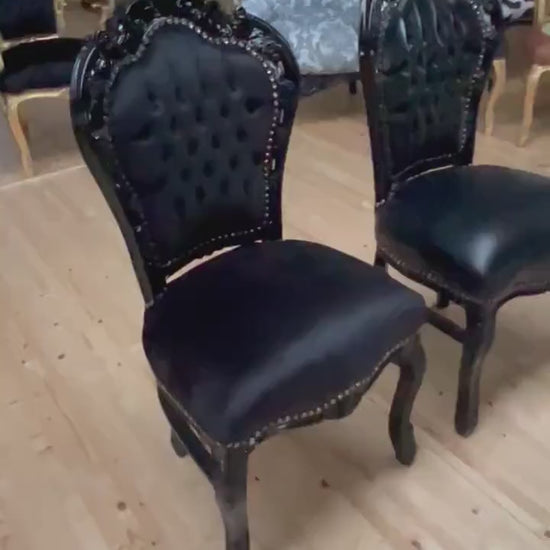 French Louis XV Baroque Chair: Handmade Black Faux Leather Dining Room Accent
