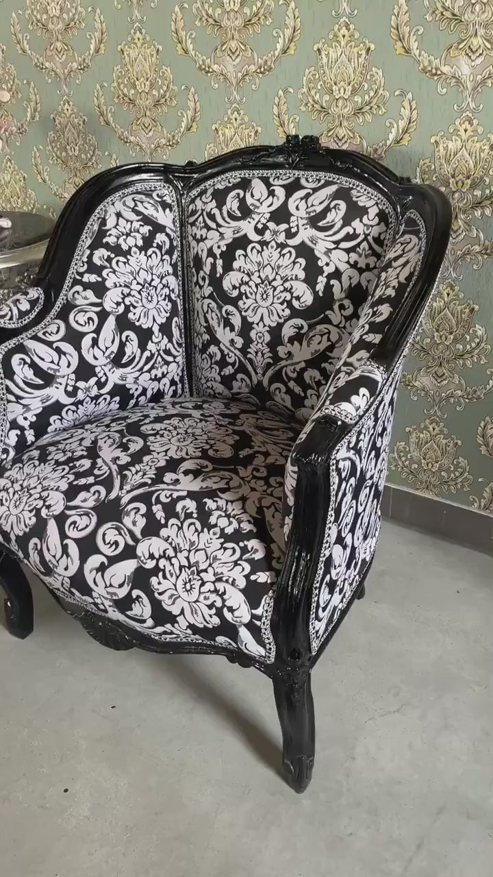 French Louis XV Style Armchair: Black Floral Baroque Lounge Chair