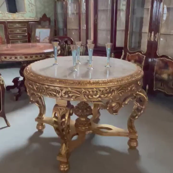 Carrara Marble Top Round Table: Royal French Baroque Gold Finish
