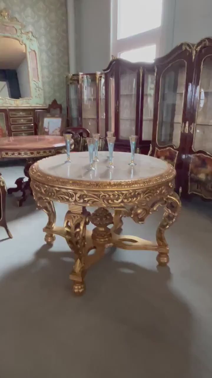 Carrara Marble Top Round Table: Royal French Baroque Gold Finish