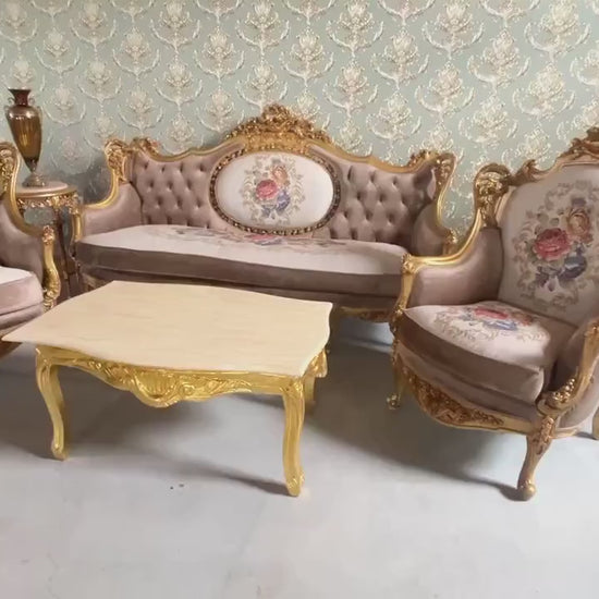 Sofa Set Royal Baroque Style Brown Velvet Counch Set with Marble Top Caffè Table Antique Style Sofa Set for Home Decor or Hotel Lobby Lounge