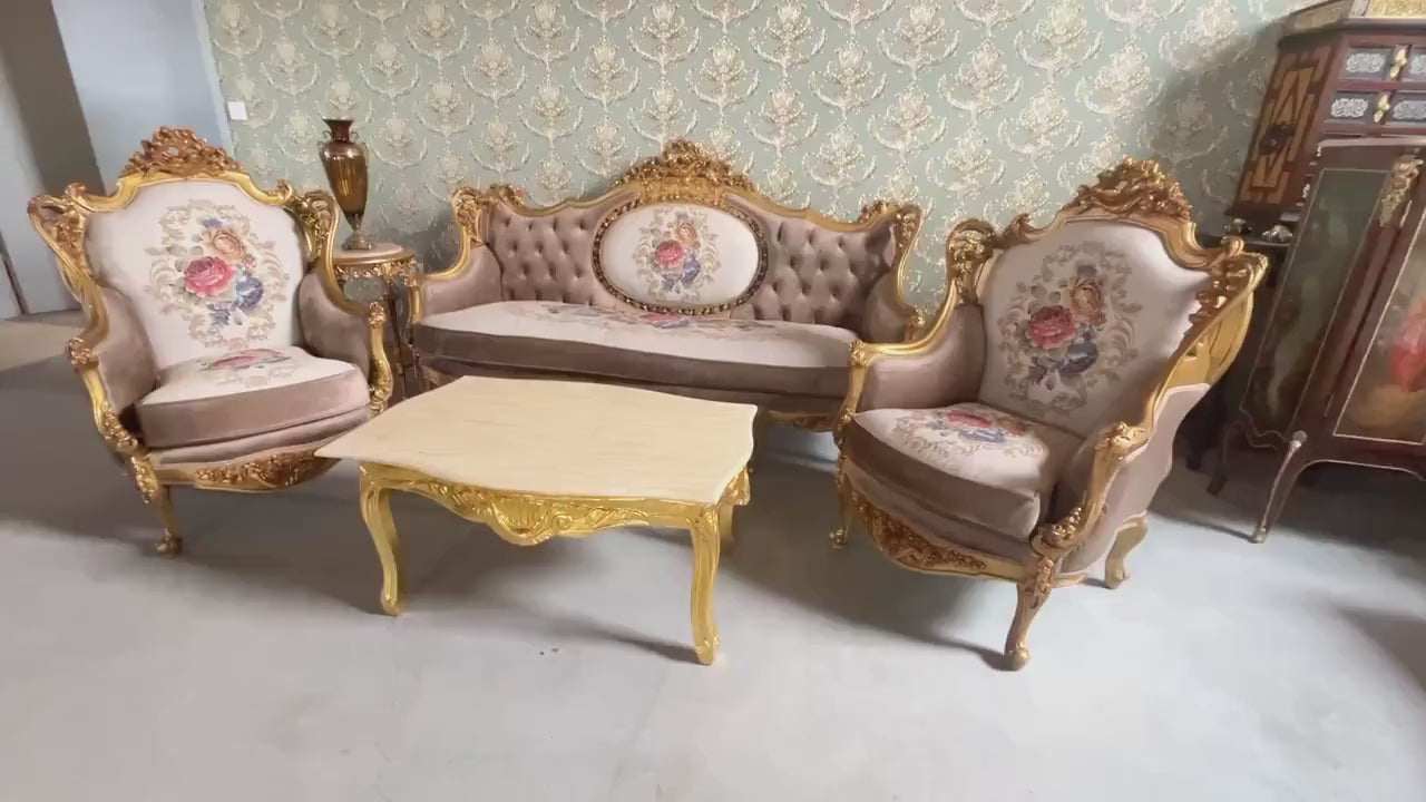Sofa Set Royal Baroque Style Brown Velvet Counch Set with Marble Top Caffè Table Antique Style Sofa Set for Home Decor or Hotel Lobby Lounge