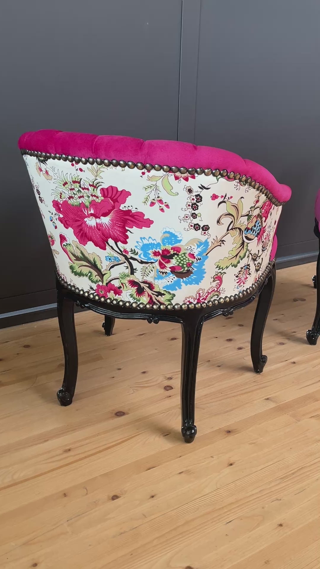 Fuchsia Velvet Cocktail Chair Jungle Print French Accent Armchair Tufted Glam Lounge Chair
