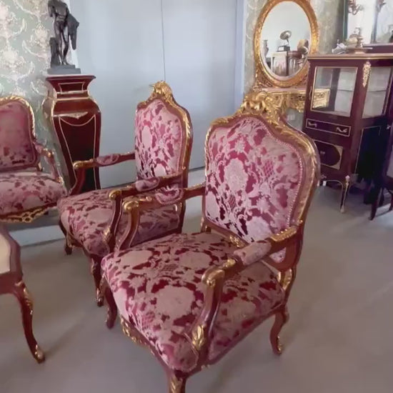 Sofa Set Bordeaux Flower Pattern  French Antique Style Sofa Set in Red Royal Baroque Style Sofa Set For Home Lounge Room For Hotel Lobby
