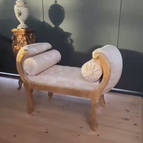 French Louis XVI Style Bench: Baroque Rococo Ottoman, Gold Finish