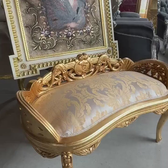 French Louis Style Bench: Ivory & Gold Rococo Ottoman