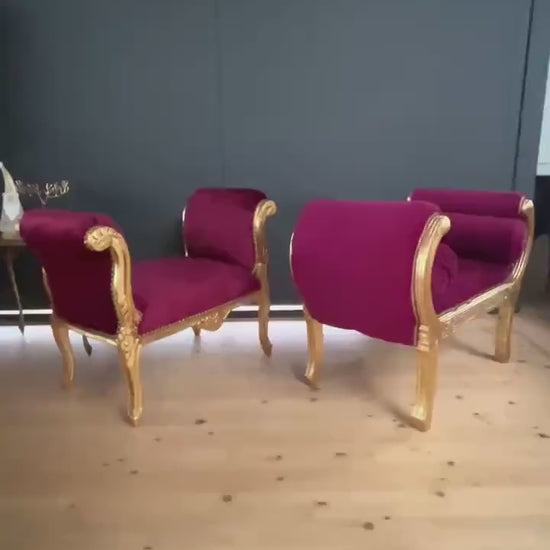 French Louis XV Style Bench: Xmas Red Velvet Ottoman in Gold Finish
