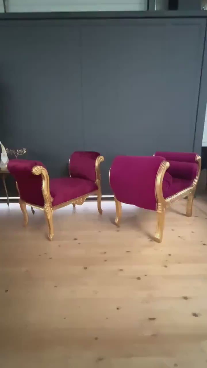 French Louis XV Style Bench: Xmas Red Velvet Ottoman in Gold Finish