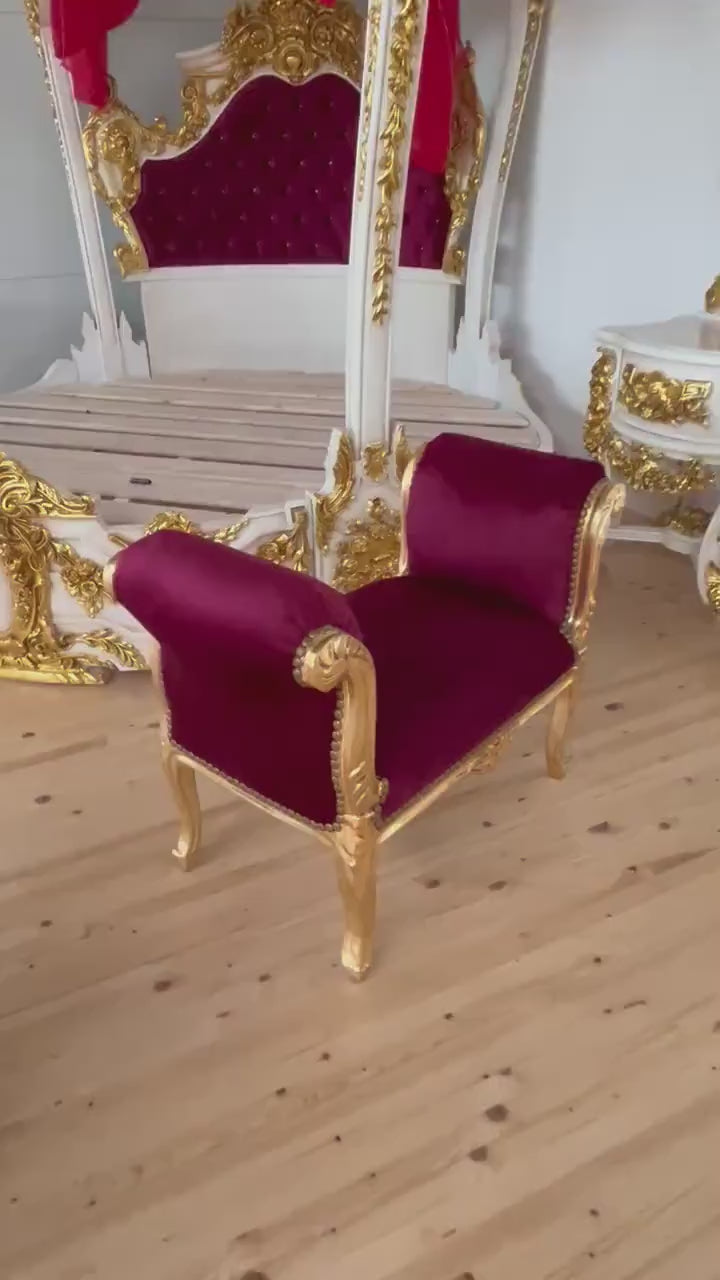 Gilt French Baroque Ottoman: Louis XVI Style, Gold Bordeaux Velvet
