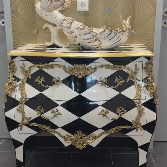 Chest of Drawer Middle Size French Louis Style in Black Diamond Print Retro Baroque Style Cabinet Inlaid 3 Drawer With Bronze Ornaments
