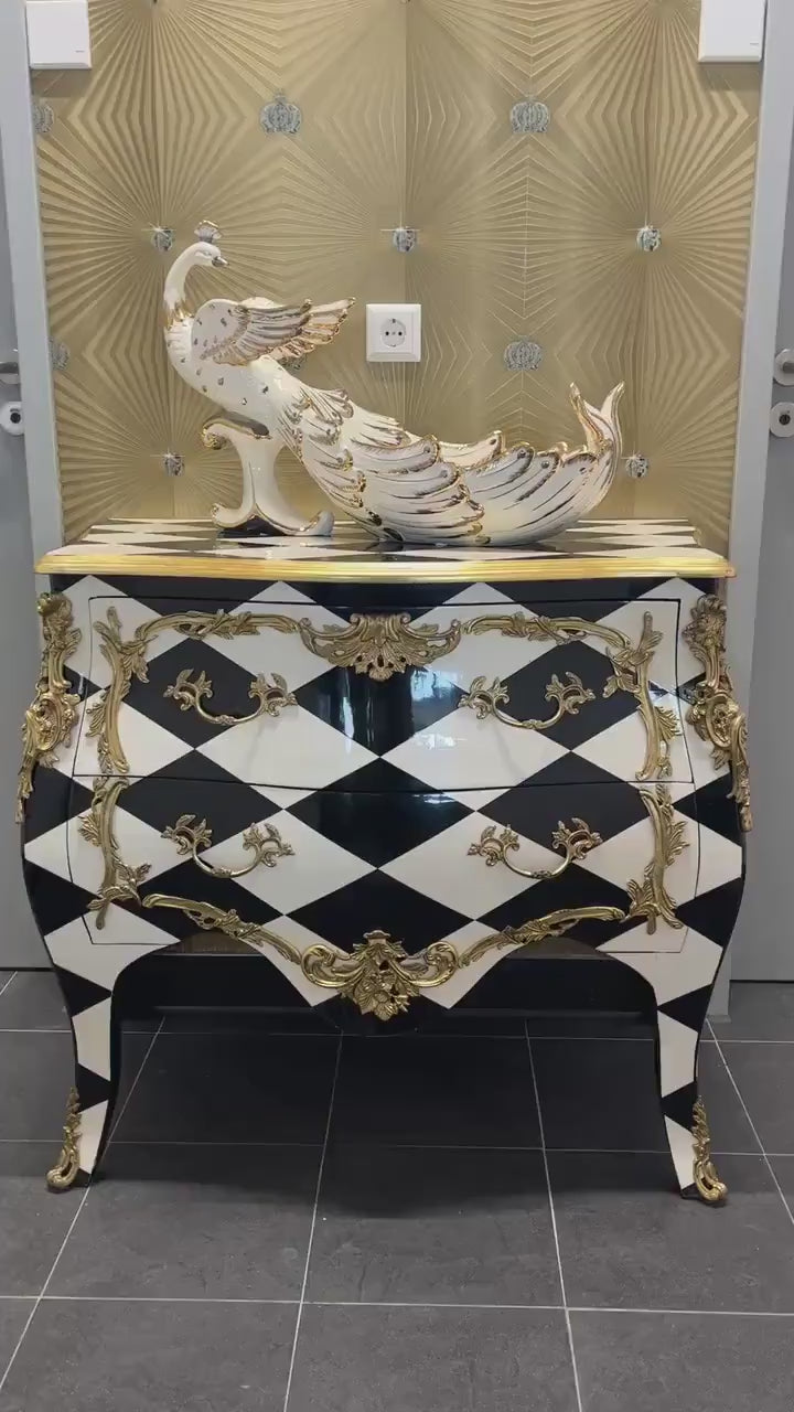 Chest of Drawer Middle Size French Louis Style in Black Diamond Print Retro Baroque Style Cabinet Inlaid 3 Drawer With Bronze Ornaments