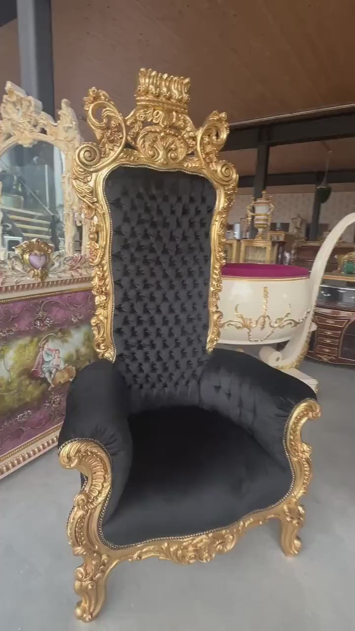 Huge Armchair Gold Crown King Throne Tufted Velvet Black Baroque Style Throne in Gold Finish for Commercial Décor for Party Event Décor