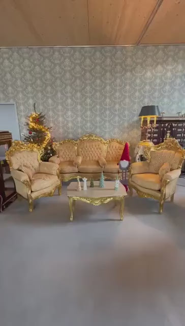 French Louis XVI Style Sofa Set: Gold Baroque 3-Seater Couch, Armchair and Marble Table
