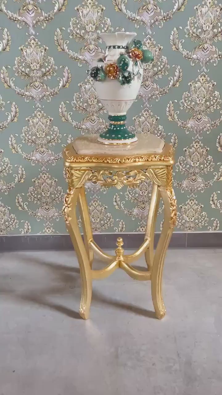 Baroque Accent Side Table: French Style Beige Marble Top and Gold Finish