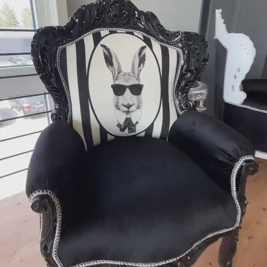 Armchair Baroque Recoco Style in Black Velvet Funny Rabbit Print for Birthday Party Décor for Shop Event Party Display Niche Chair