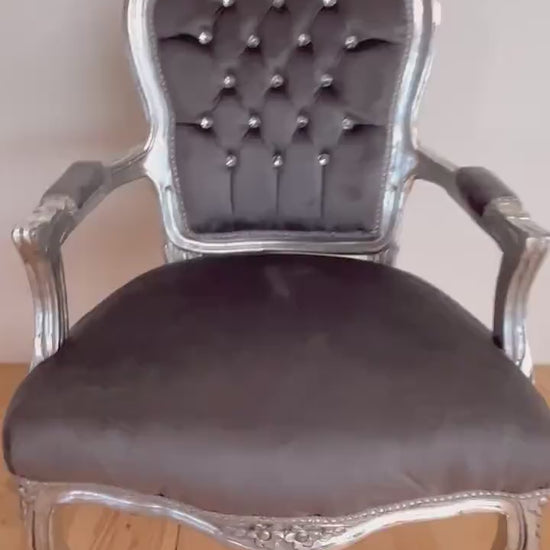 French Louis Style Armchair: Grey Velvet, Silver Finish, Baroque Rococo
