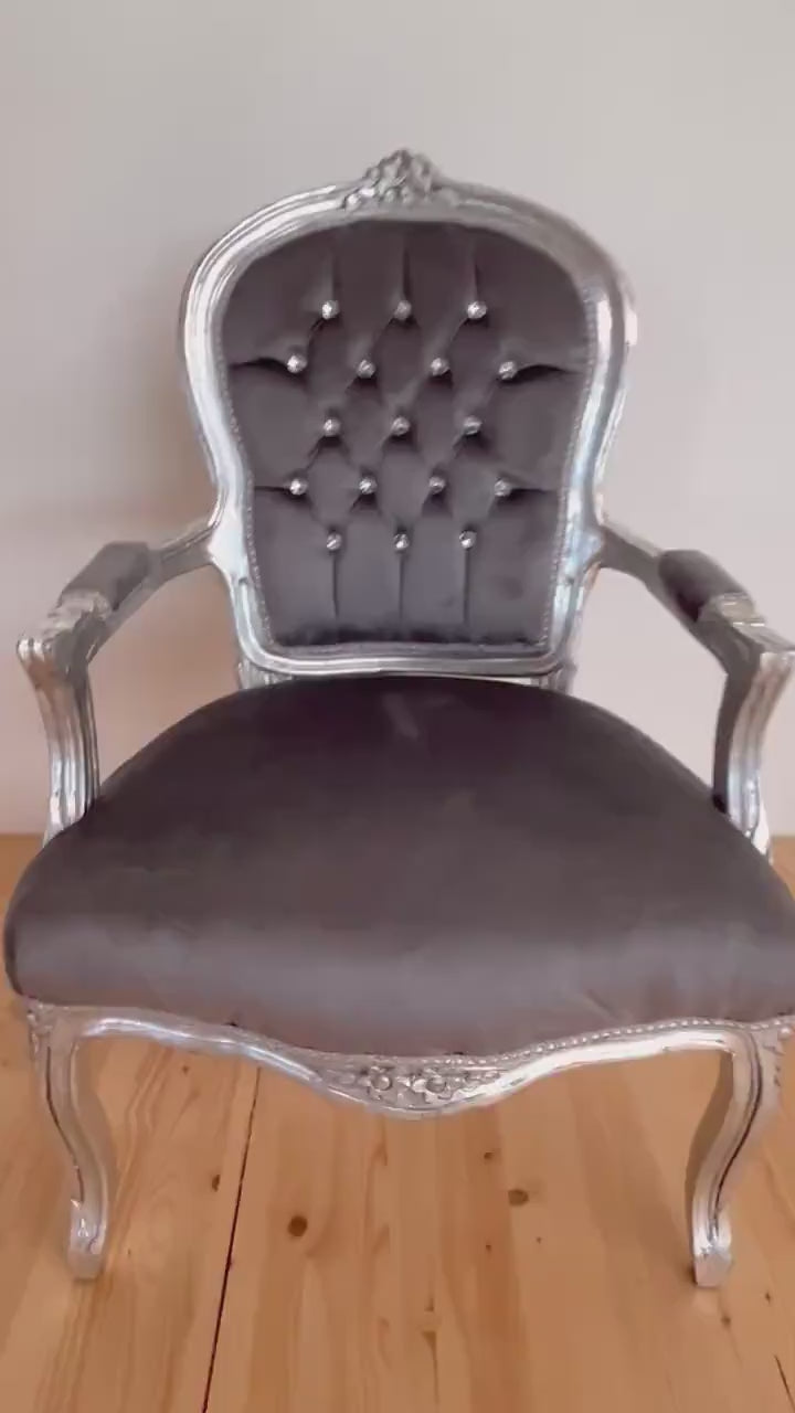 French Louis Style Armchair: Grey Velvet, Silver Finish, Baroque Rococo