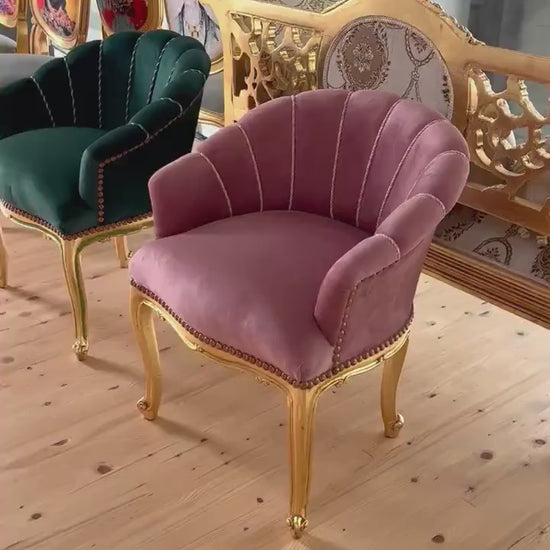 Tufted Velvet Cocktail Chair: French Baroque Style, Gold Leaf Detail