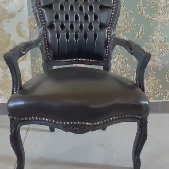 Armchair French Louis Style Black Leather-Like Chair Retro Baroque Rococo Style Armchair in Black or Dark Wood Frame
