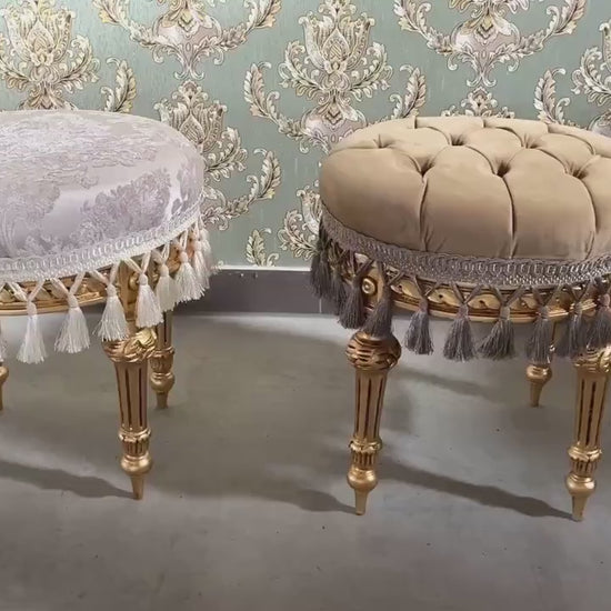French Baroque Velvet Pouf: Ivory Floral Ottoman with Gold Finish
