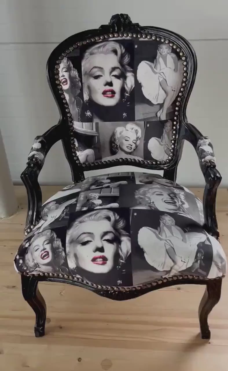 Marilyn Monroe Armchair: French Louis Baroque Style, Black & White Print