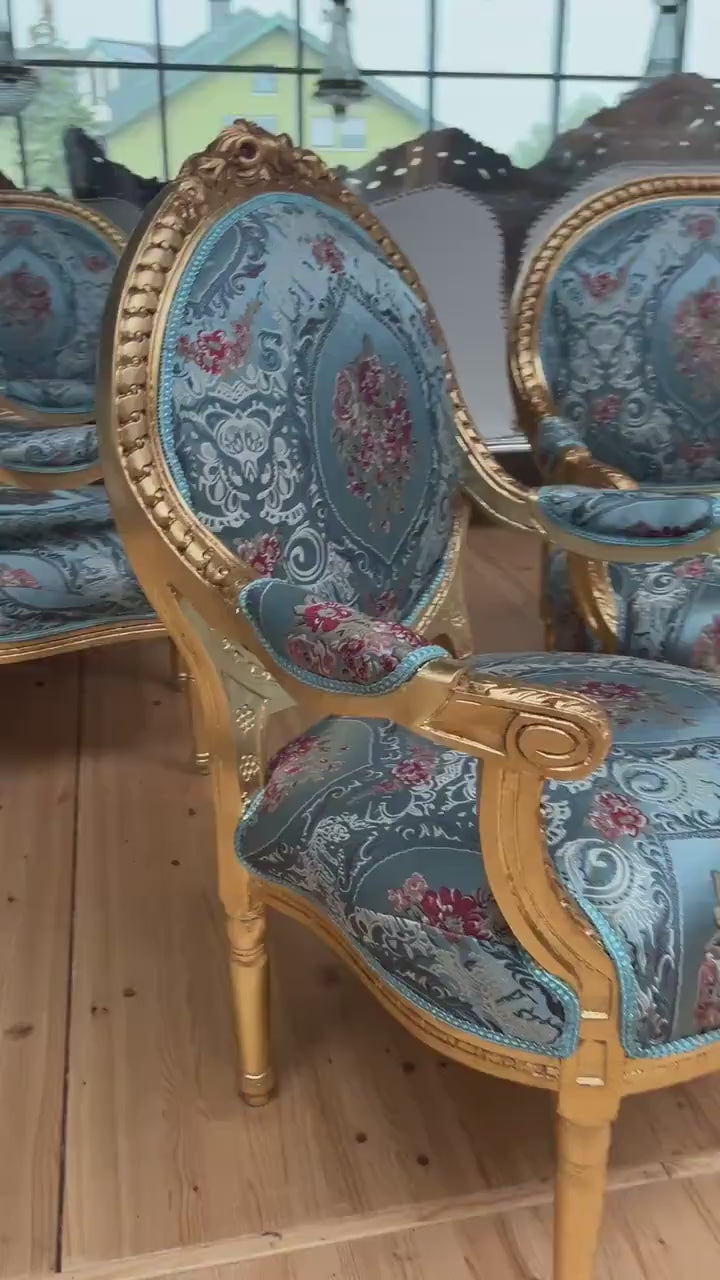 French Baroque Sofa Set: Blue Floral Rococo Style, Gold Leaf Beech Wood