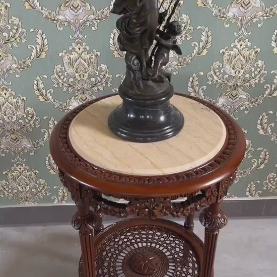 French Baroque Style Side Table: Beige Marble Top, Antique Wood