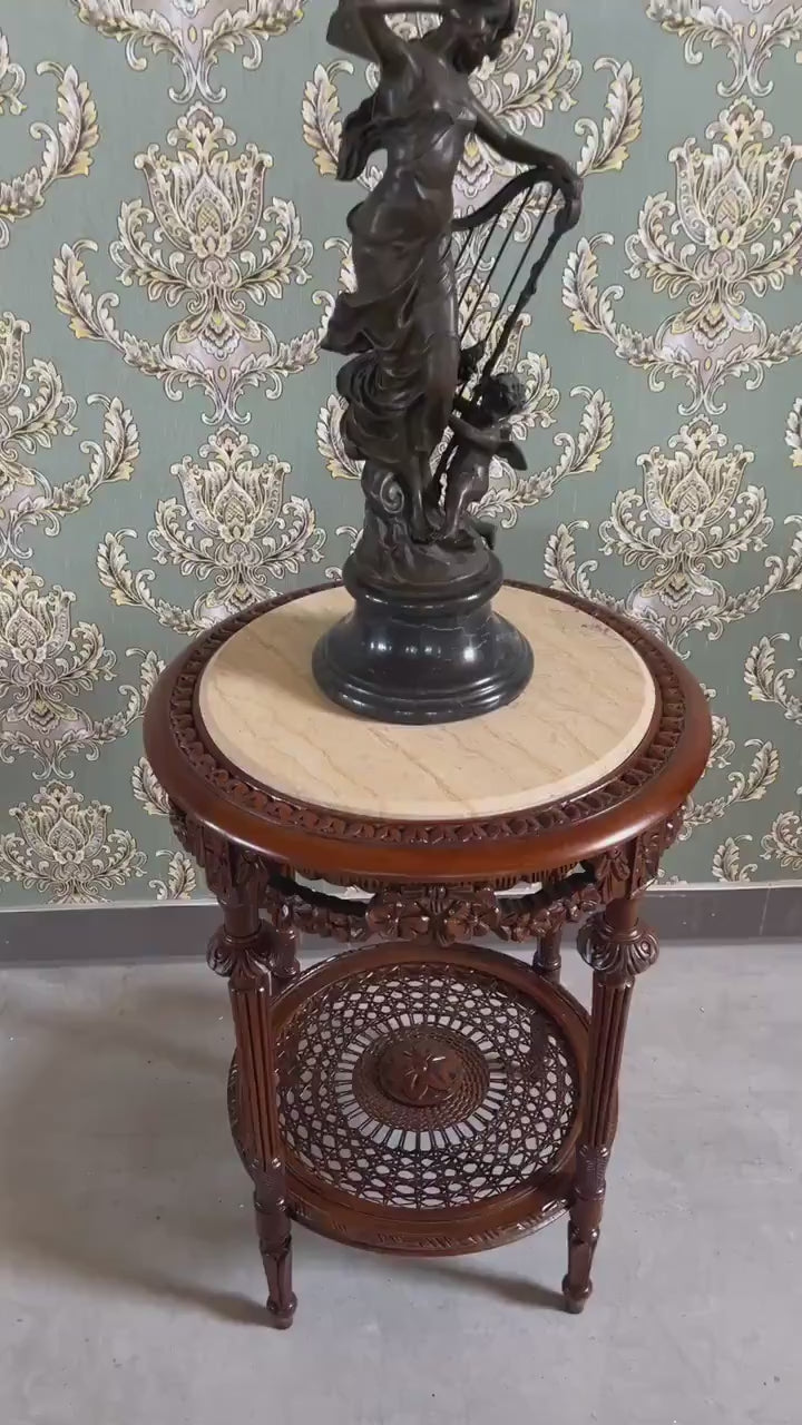 French Baroque Style Side Table: Beige Marble Top, Antique Wood