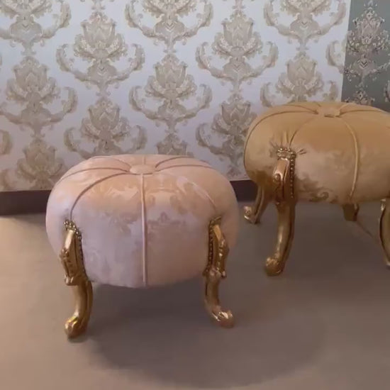 Ottoman French Baroque Rococo Style Footstool for Home Decor Foil Gold Finish in Gold / Beige / Black Jacquard Fabrics