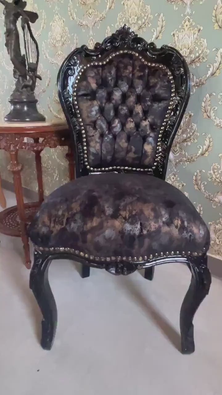 French Louis XV Baroque Accent Chair: Midnight Black Velvet, Handcrafted Beech Wood