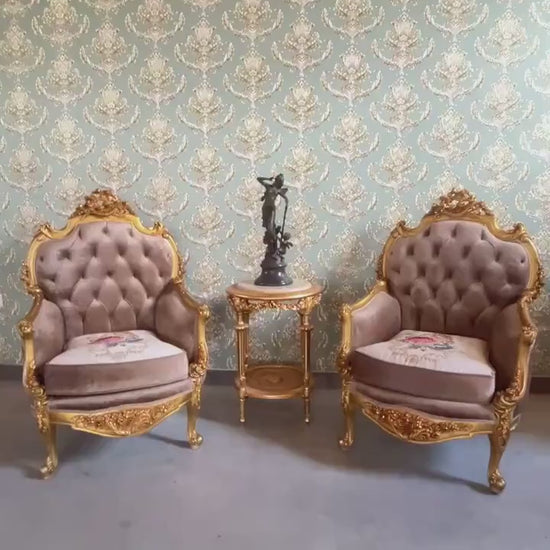 Antique Style Armchair And Marble Coffee Table Set: Baroque Rococo Style, Tufted Chocolate Velvet