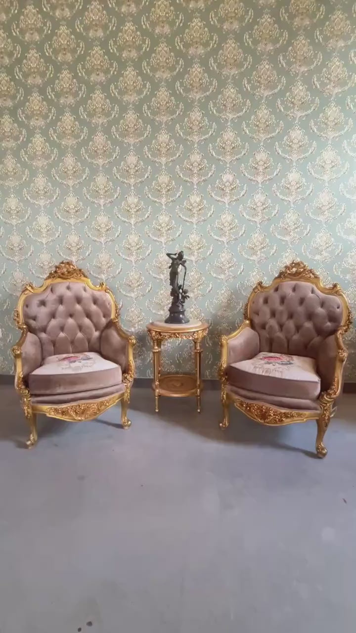 Antique Style Armchair And Marble Coffee Table Set: Baroque Rococo Style, Tufted Chocolate Velvet