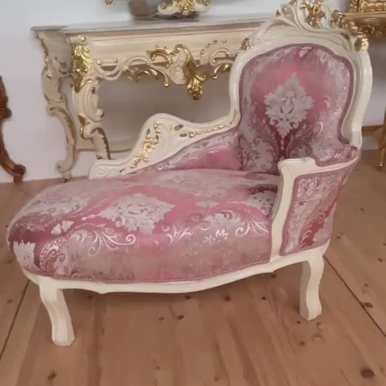 Small Chaise Longue French Louis Style in Flower Pattern Retro Baroque Style Bench in Velvet Green Velvet Pink for Home Decor
