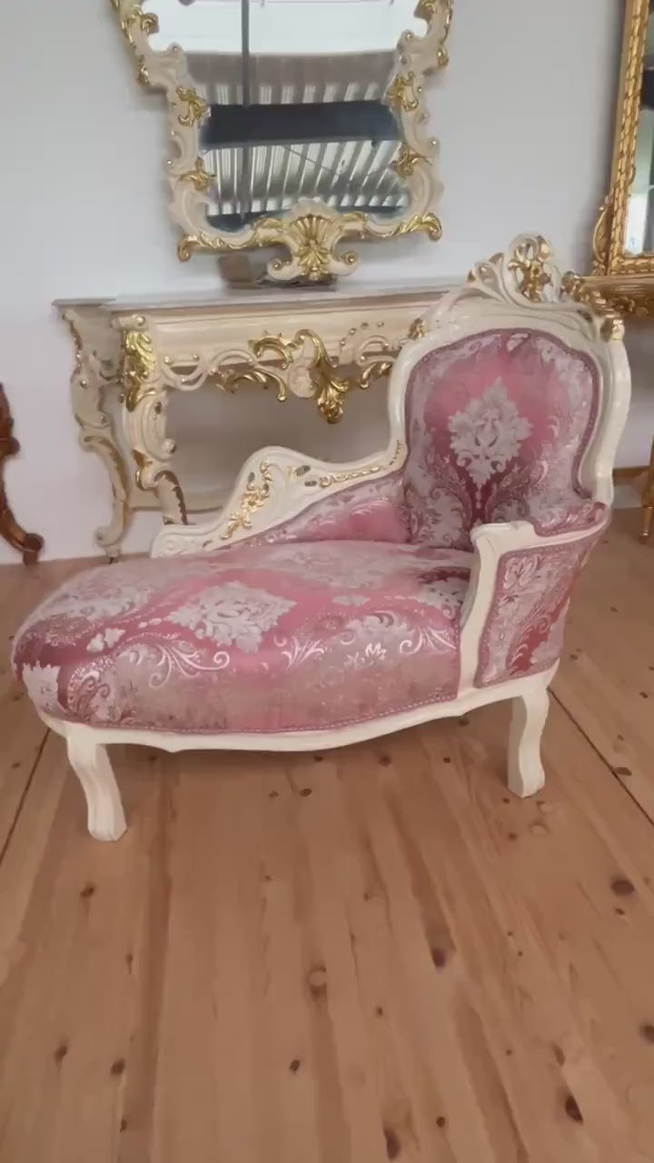 Small Chaise Longue French Louis Style in Flower Pattern Retro Baroque Style Bench in Velvet Green Velvet Pink for Home Decor