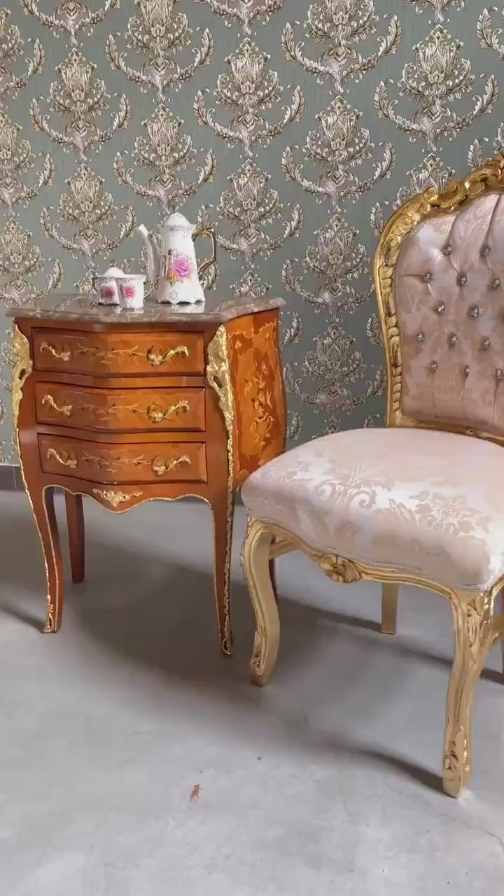 Louis XV Style Marquetry Bedside Table Marble Top French Baroque Nightstand Cabinet