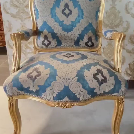 Blue Damask Armchair: French Louis Baroque Style, Solid Beech Wood