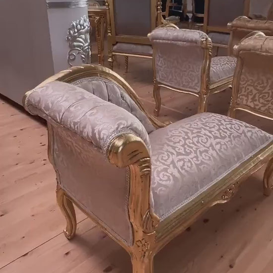 French Louis Style Chaise Lounge: Baroque Ottoman, Gold Finish
