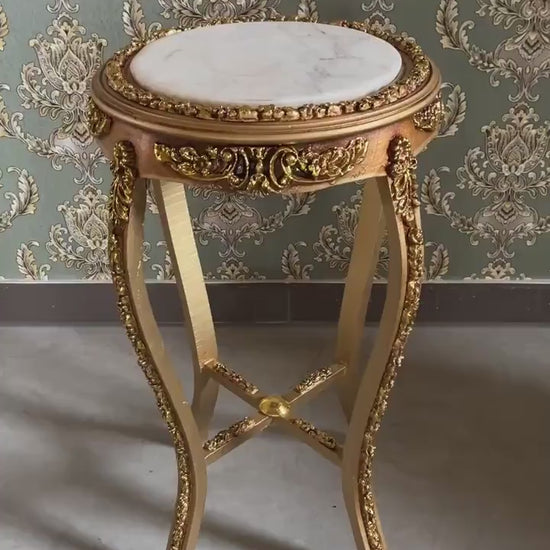 Side Table French Baroque Style with Marble Top Tea Cafe Table Home Decor in Gold Finish and Beige Marble