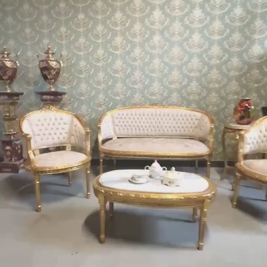 Handmade Baroque Sofa Set: Beige Floral Damask, Gold Leaf Beechwood
