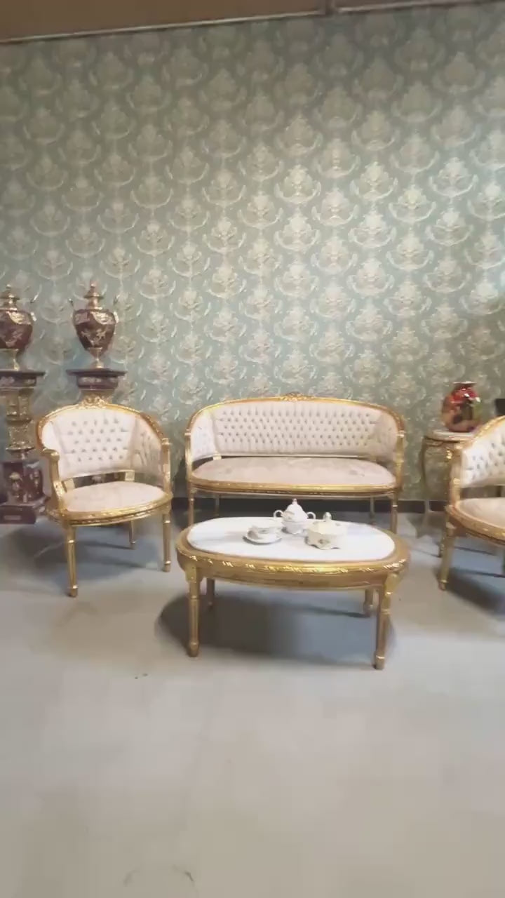 Handmade Baroque Sofa Set: Beige Floral Damask, Gold Leaf Beechwood