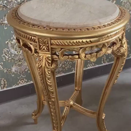 French Louis Antique Style Side Table: Gold Finish, Marble Top