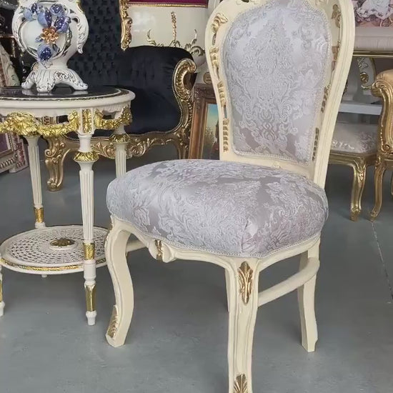 Accent Chair in Ivory Damask French Louis XV Style Dining Chair Handmade in Solid Wood Antique Baroque Style Flower Pattern for Dining Room