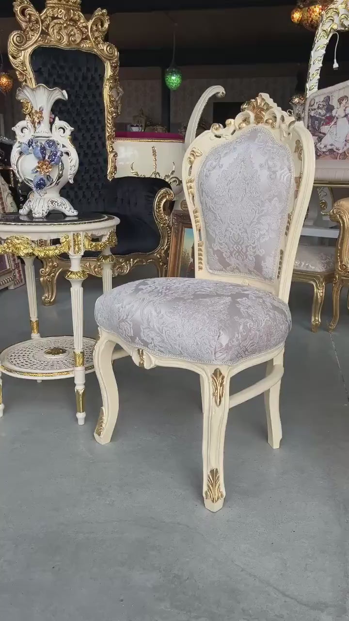 Accent Chair in Ivory Damask French Louis XV Style Dining Chair Handmade in Solid Wood Antique Baroque Style Flower Pattern for Dining Room