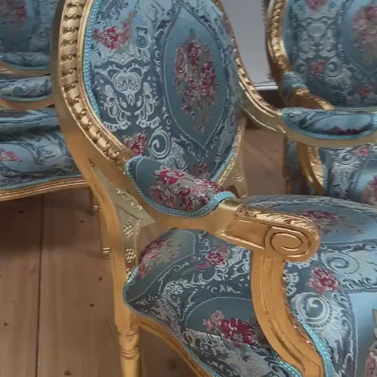 Lounge Sofa Set Blue Flower Pattern French Baroque Rococo Style Sofa Set Royal Antique Style for Hotel Lobby or Home Lounge Room Decor
