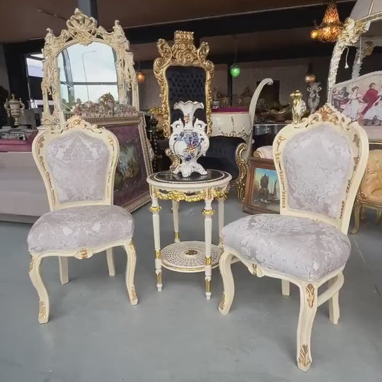 Chair & Table Set French Baroque Style in Beige Color Flower Pattern Chairs Table with Black Or Beige Marble Top For Entrance or Lounge Room