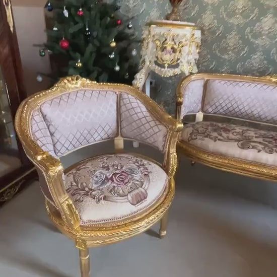French Baroque Style Sofa Set: Khaki Velvet, Gold Leaf Beechwood