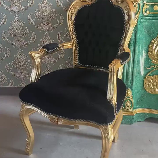 Baroque Rococo Armchair: Black Velvet, Silver Finish, French Louis XV Style