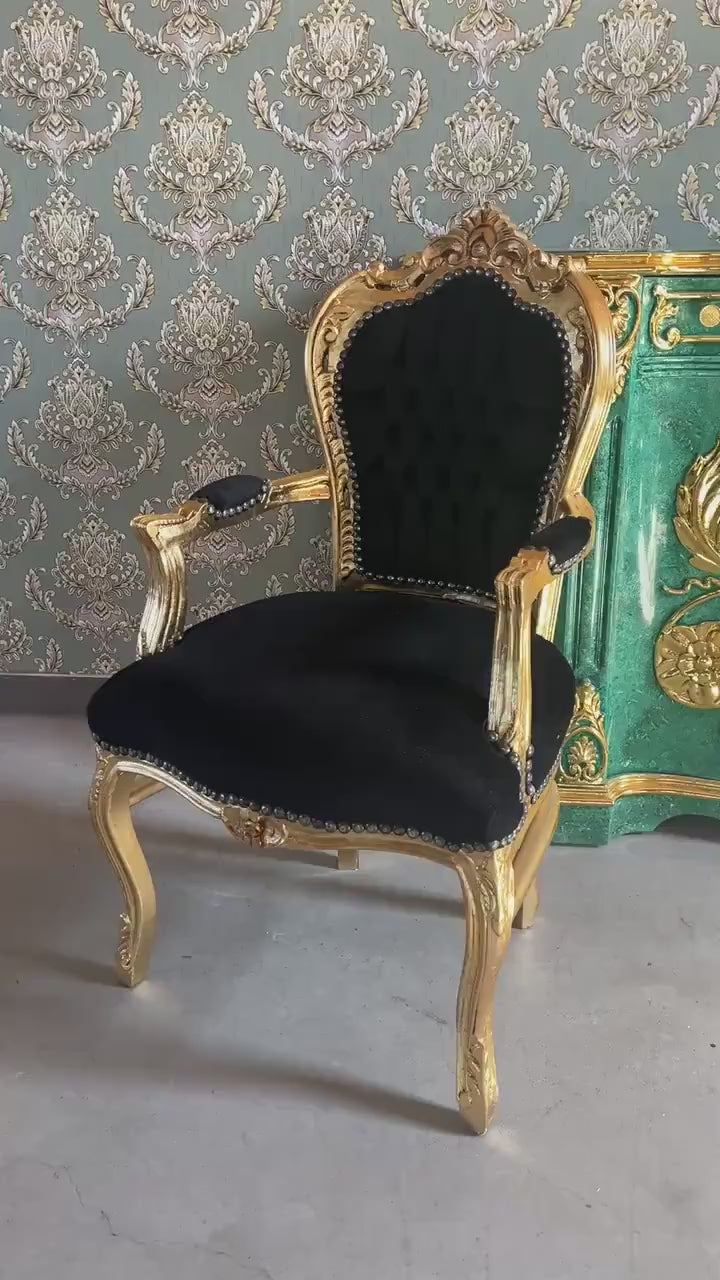 Baroque Rococo Armchair: Black Velvet, Silver Finish, French Louis XV Style