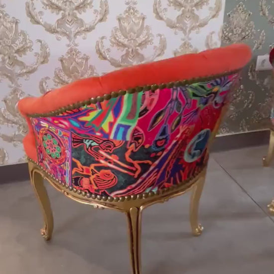 Chair Velvet Red Baroque Rococo Style Tufted Armchair Red Velvet Coloful Print for Café Chair Tufted Velvet Chair Red Orange for Lounge Room