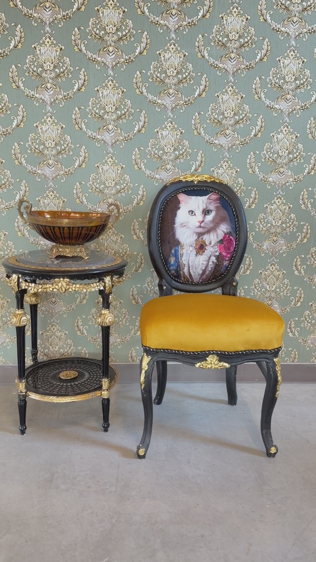 Baroque Accent Chair Yellow Velvet Chair White Cat Print French Funky Furniture